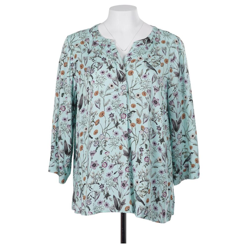 J. Jill Top L Petite PL Floral Botanical Bird Print 3/4 Sleeve Casual Popover